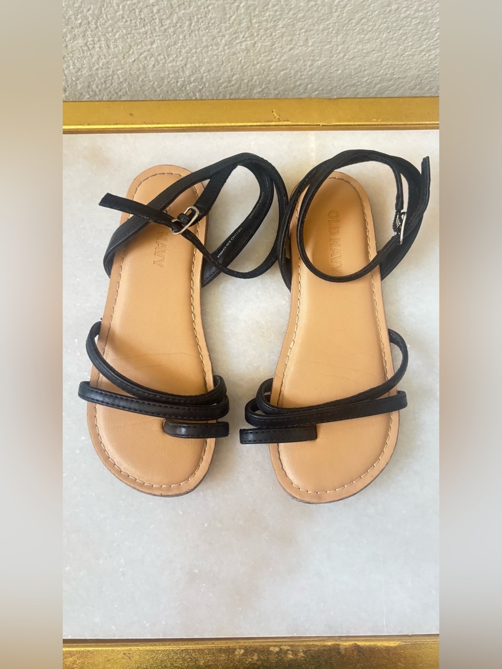 Old Navy Black Strappy Ankle Wrap Sandals with Tan Footbed